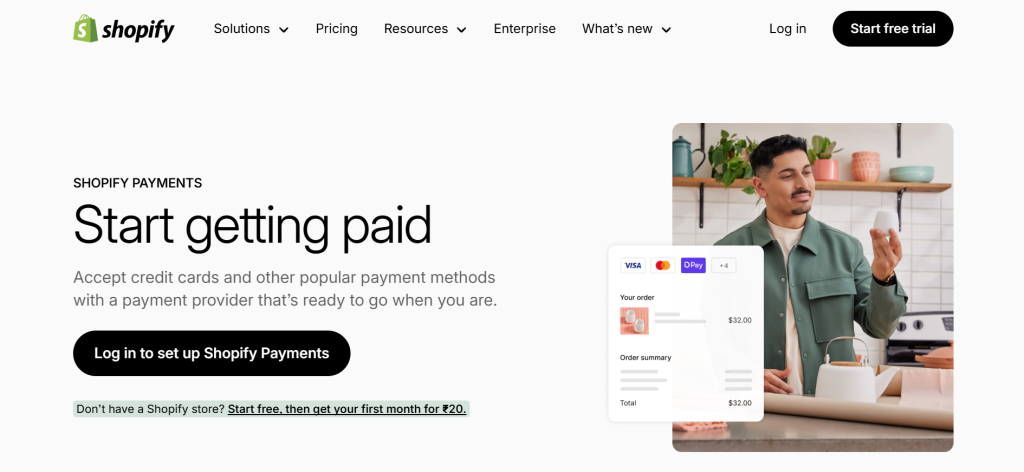 Shopify payments website image featuring solutions, resources, and pricing details