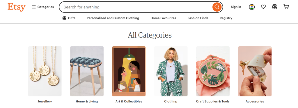 Homepage of etsy showing different categories of products
